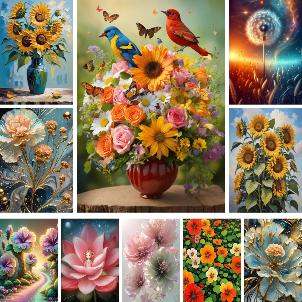 Flowers Lotus Sunflower Printed 11CT Cross Stitch Set DIY Embroidery Knitting Craft Needlework Painting Different Counted Gift