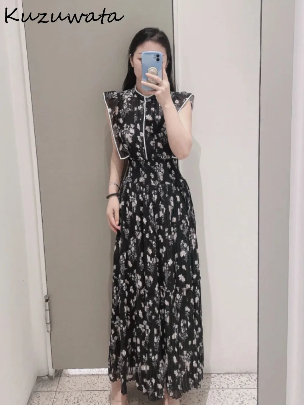 Kuzuwata New Sweet O Neck Flying Sleeve Print Dress Pleated Patchwork Panelled High Waist Robe Japan Casual Mid-length Vestidos