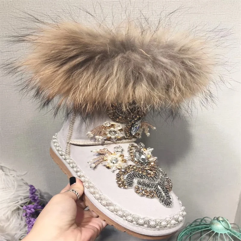 Beaded rhinestones handmade custom fur one-piece boots Pearl Vintage Winter plus fleece warm boots women\'s plus size 35-44