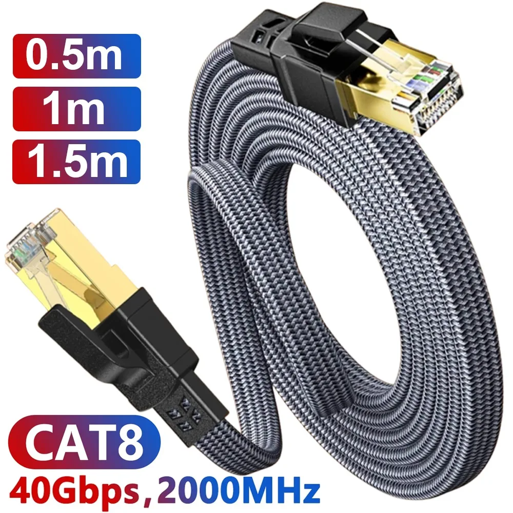 CAT8 Ethernet Cable 40Gbps Flat Nylon Braided Network Lan Cord for PC Modem Laptop PS 5 Router RJ45 Cable Ethernet Cat 8 1.5m