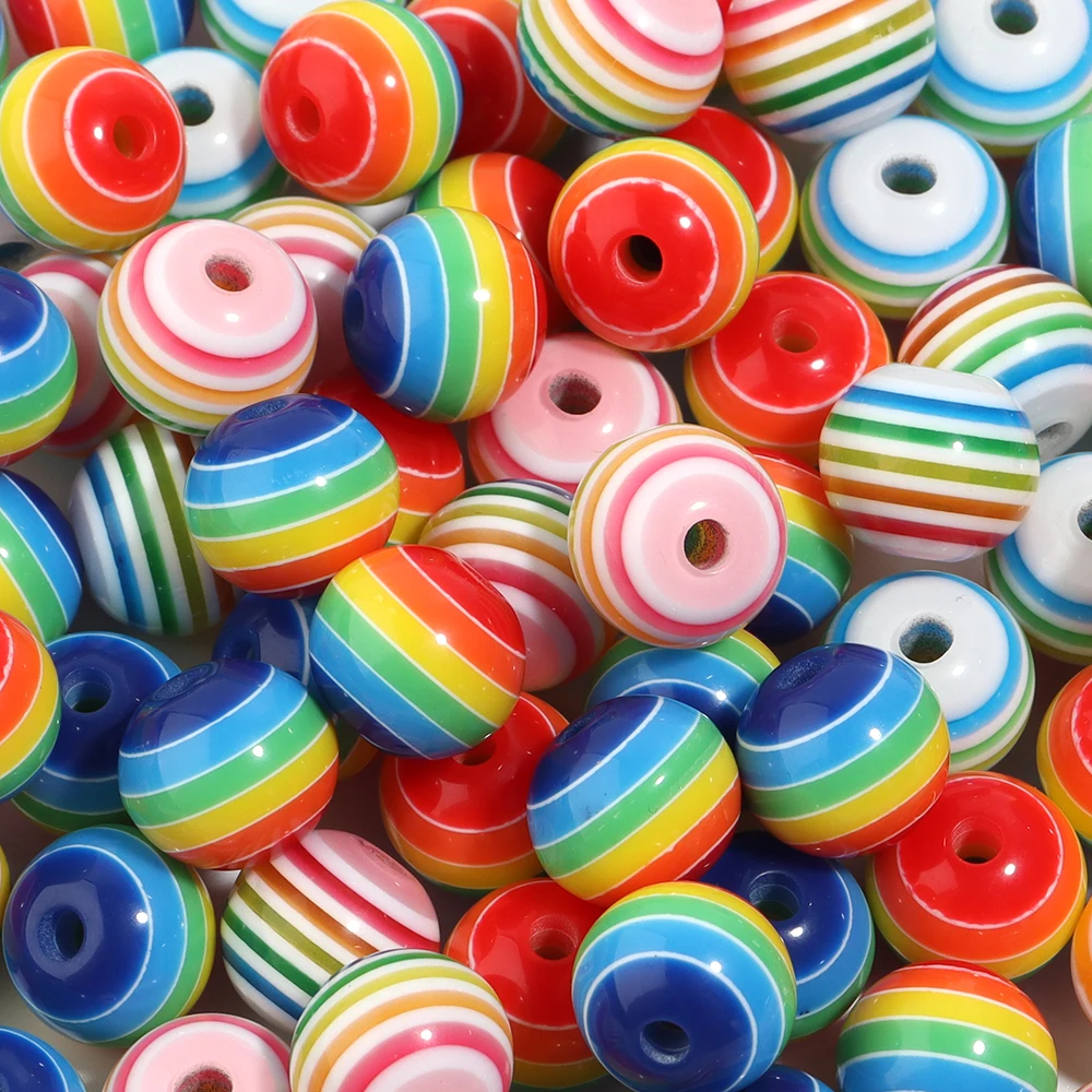 50pcs/Lot Rainbow Color Stripe Pattern Flat Round Resin Beads for Jewelry Making Acrylic Beads Loose Spacer Beads DIY Bracelet