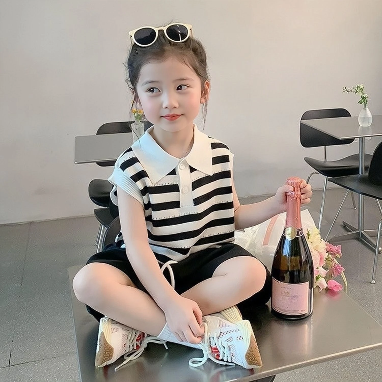 

Вязаная рубашка-поло без рукавов для девочек, летние стильные универсальные топы в корейском стиле для малышей ​