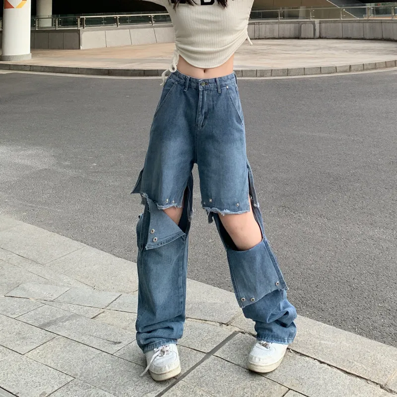 

2024 Trashy Y2K Streetwear Patchwork Baggy Stacked Jeans Pants Clothes For Women Removable Hip Hop Lady Trousers Pantalon Femme