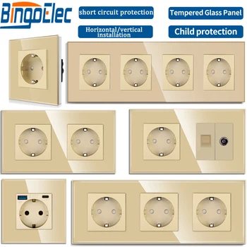 Bingoelec 싱글 월 소켓, C타입 USB 포트, 더블 소켓, 트리플 전기 소켓, 전원 콘센트, CAT6 RJ45, TV 16A 골드 