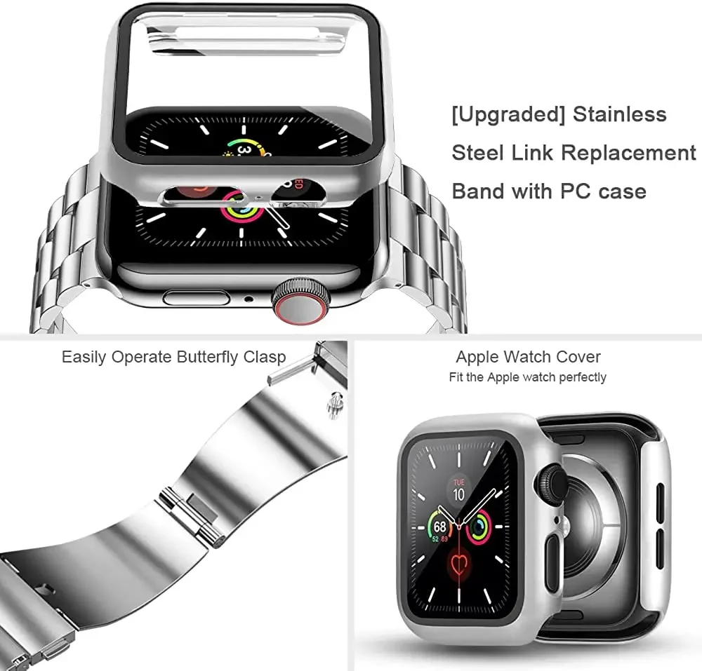 Металлический ремешок + чехол для ПК для Apple Watch 9, 8, 7, 45 мм, 41 мм, удобный браслет из нержавеющей стали iWatch 6 5 4 3 SE 44/40/42/38 мм, чехол