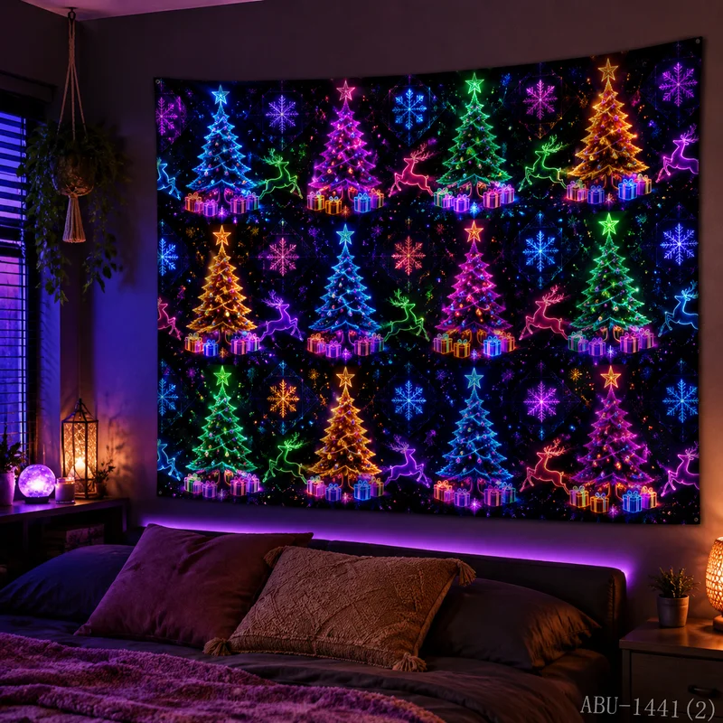 VIKAMA Neon Rainbow Tree Reindeer Gift Grid Pattern Repeat Black Snowflake Star Christmas Tapestry Wall Hanging Bedroom Living