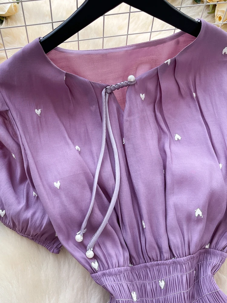 Robe mi-longue brodée de style français pour femmes, tenue de plage d'été à manches courtes et col rond, à la mode, violette, INKEO 5D220, 2025