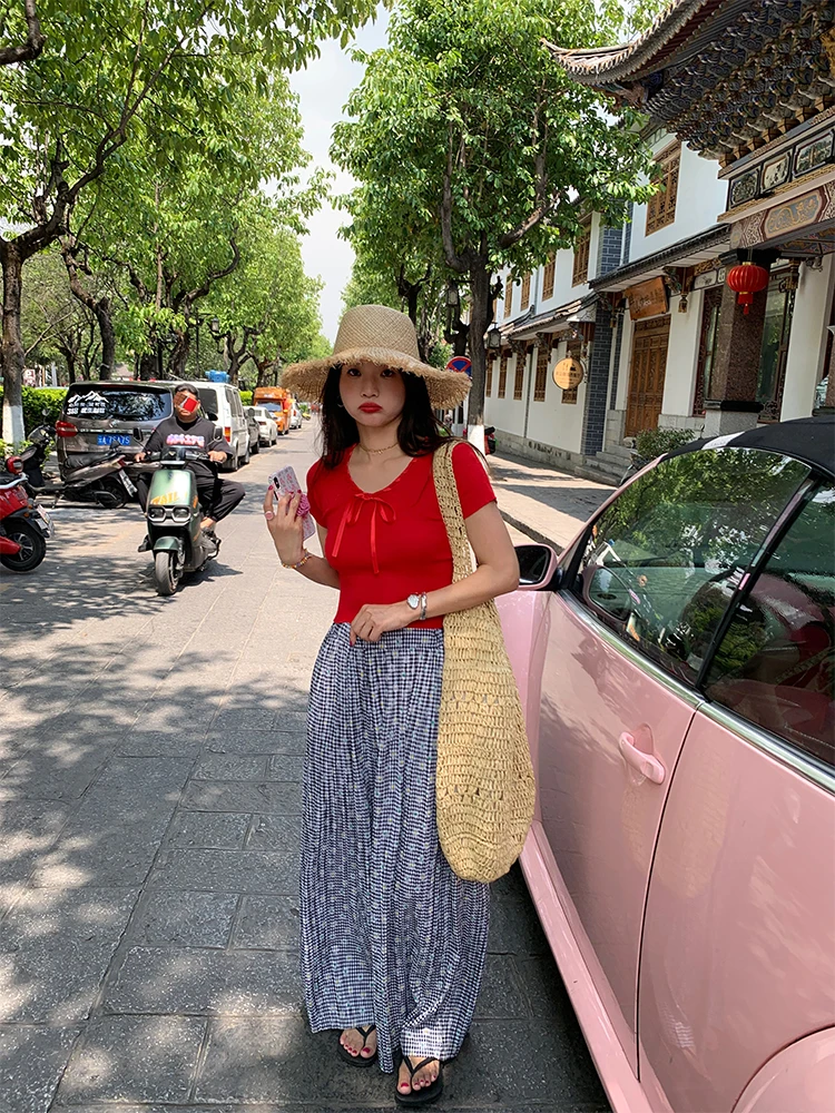 กางเกงขายาวทรงกว้างผ้าบางสำหรับฤดูร้อน ลายสก็อตสีขาวดำ เอวยางยืด ดีไซน์ทันสมัย สไตล์ลำลอง