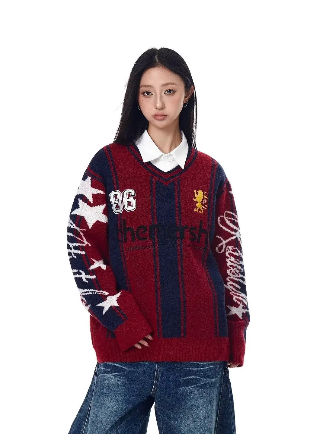

American Retro Spicy Girl Knitwear Fake Two-Piece Tassel Sweater ex Autumn Winter Loose Overhead Versatile Knitted irt