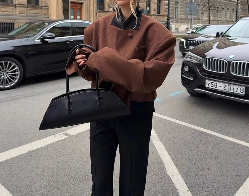 Elegant Woolen Patchwork V-neck Buttoned Jacket Short Coat 2025 New Women's Clothing