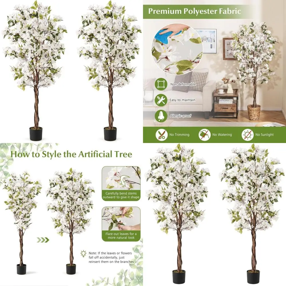 

Artificial Bougainvillea Tree Set, 2 Pack with 9-10 Blooms, 105 Leaves, Real Wood Trunk, Tall Floor Plant for Home Decor, White