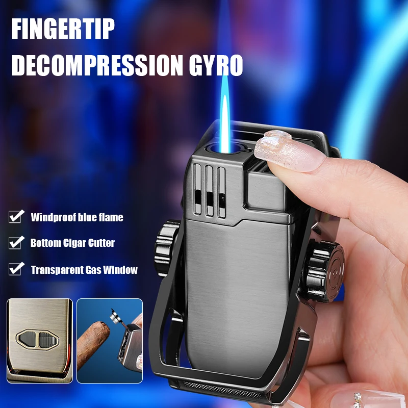 Fingertip Gyro Decompression Cigar Lighter Windproof Blue Flame Visible Gas Window Bottom Cigar Cutter Design Cigar Rest