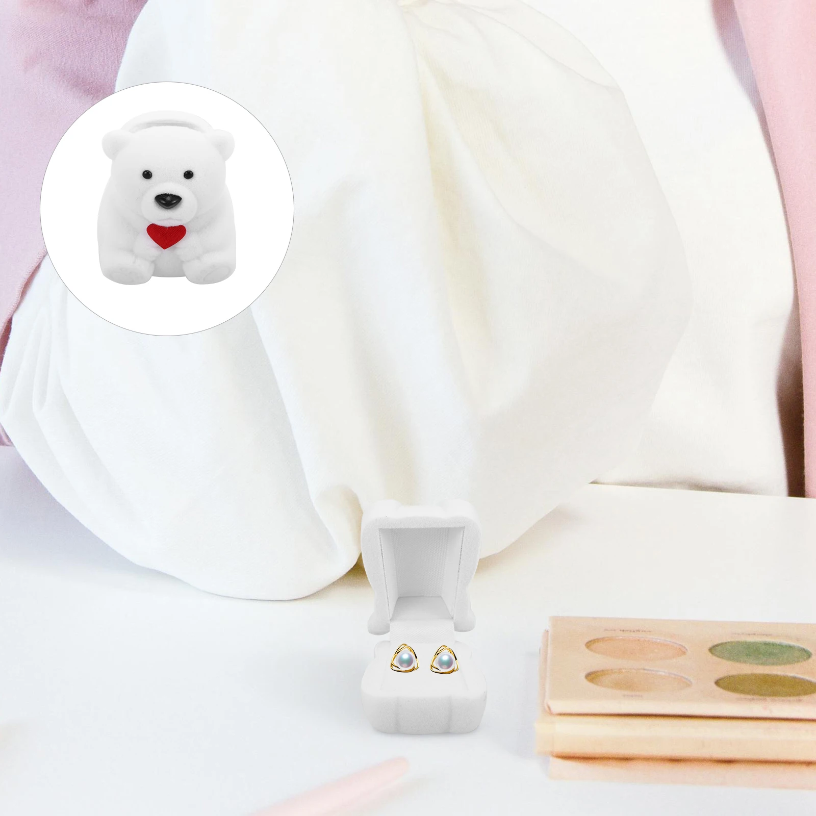 

Bear Ring White Earring Gift Travel Jewelry Case Flocking Boxes Travel Jewelry Case Lightweight Compact Storage Organizer
