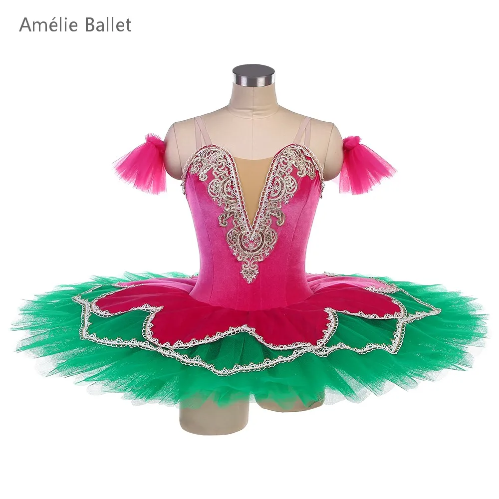 

BLL520 Hot Pink Velvet Top Bodice with Green Stiff Tulle Tutu Skirts Girls & Women Stage Performance or Competition Ballet Tutu