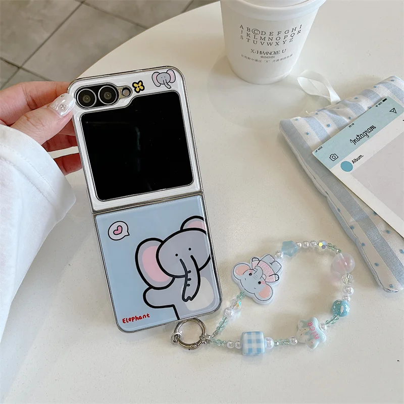 Kawaii Cartoon Fashion Elephant Print Phone Case With Beaded Chain For Samsung Galaxy Z Flip 7 6 5 4 Shockproof Protective Cover