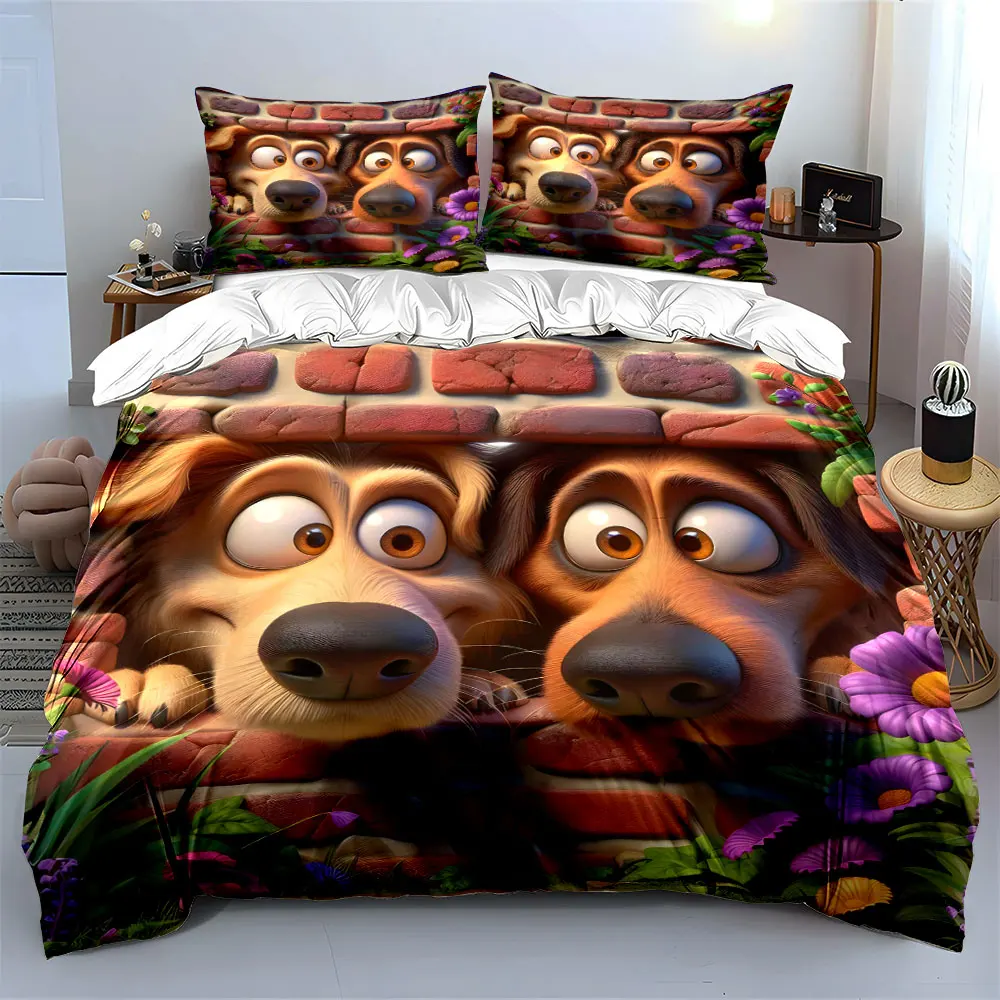 Interesting Two dogs peeking through bricks Pattern Duvet Cover Set Digital Print Colorful Polyester Bedding with Zipper Closur