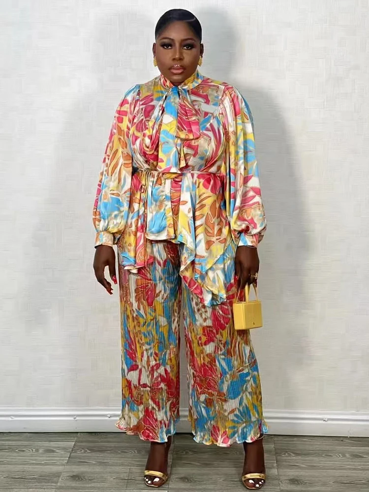 Retro geometric print bow collar pullover shirt two-piece set for 2026 spring women's clothing+loose wide leg pants fashion set