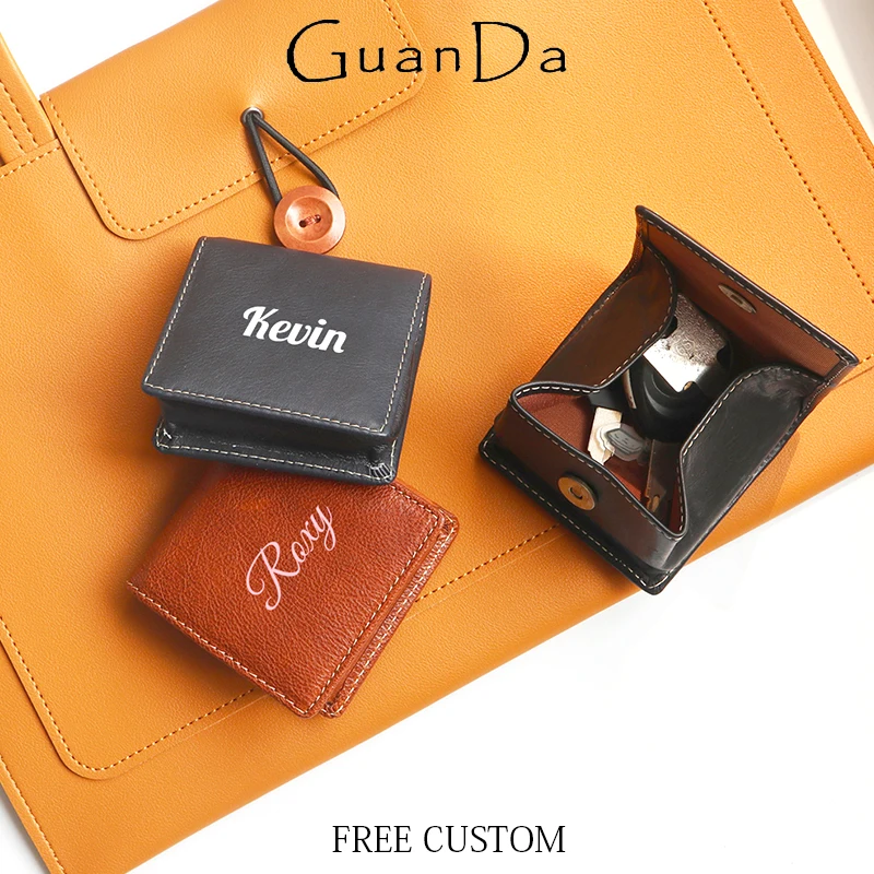 

Custom Logo Square Coin Purse DIY Image Cowhide Luxury Mini Earphone Case Portable Personalized Genuine Leather Jewelry Box Gift