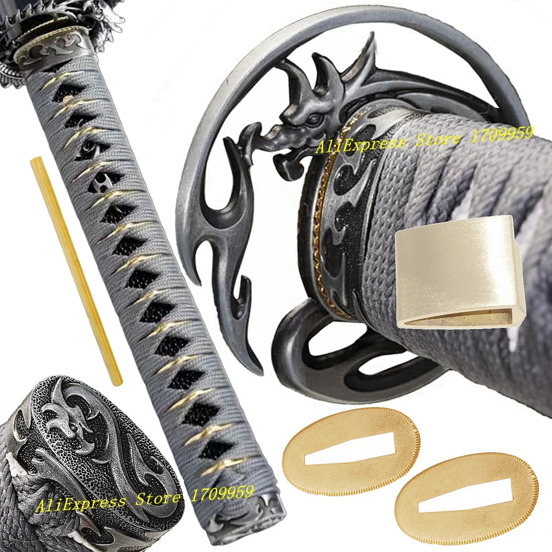 26cm alça liga mão guarda espada samurai japonês koshairae katana acessórios conjunto dragão tsuba + menuki + fuchi + kashira + habaki + seppa