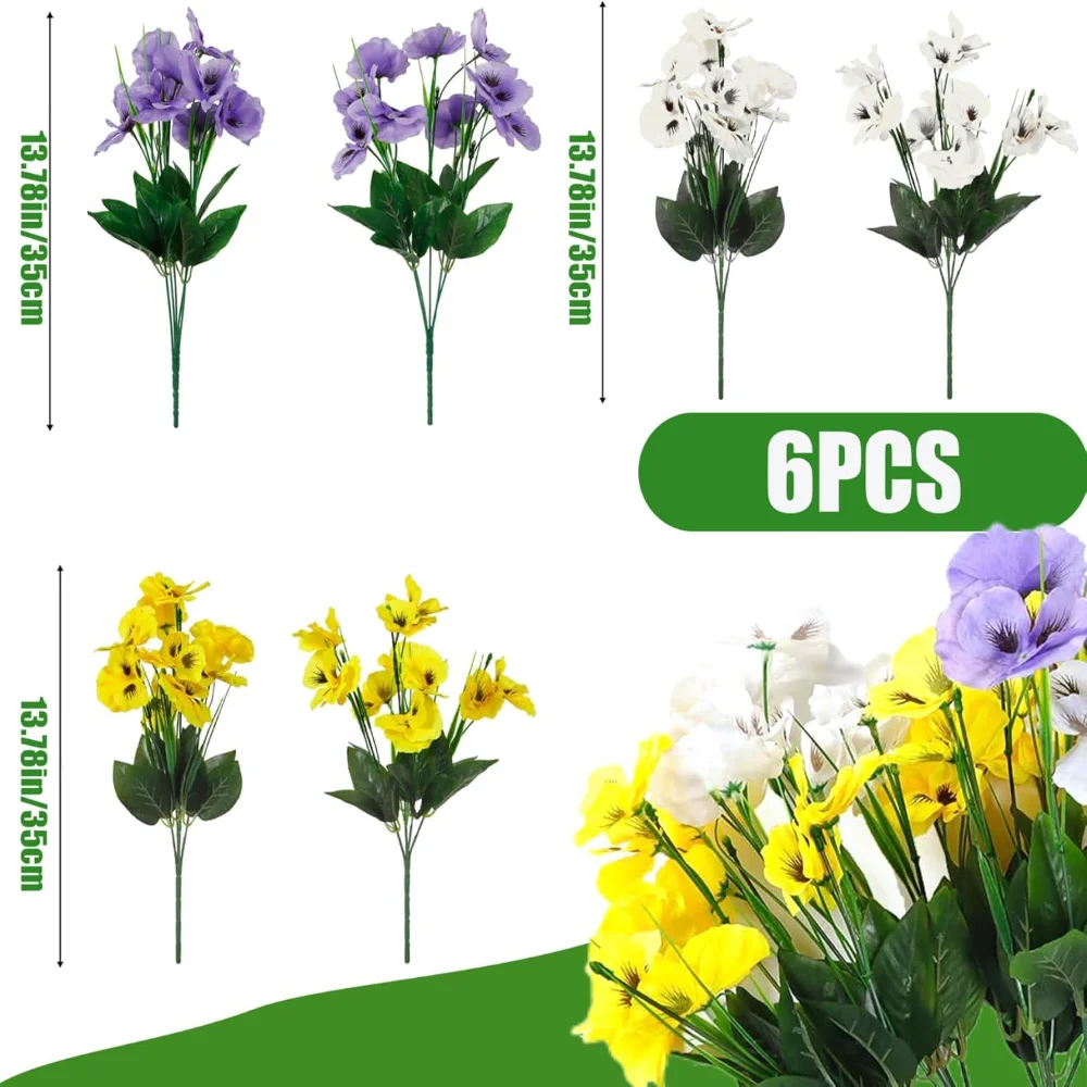 Artificial Pansies for Outdoors 6 Bundles 14in Fake Flowers DIY Faux Flowers 10 Flowers Realistic Artificial Flowers for Garden