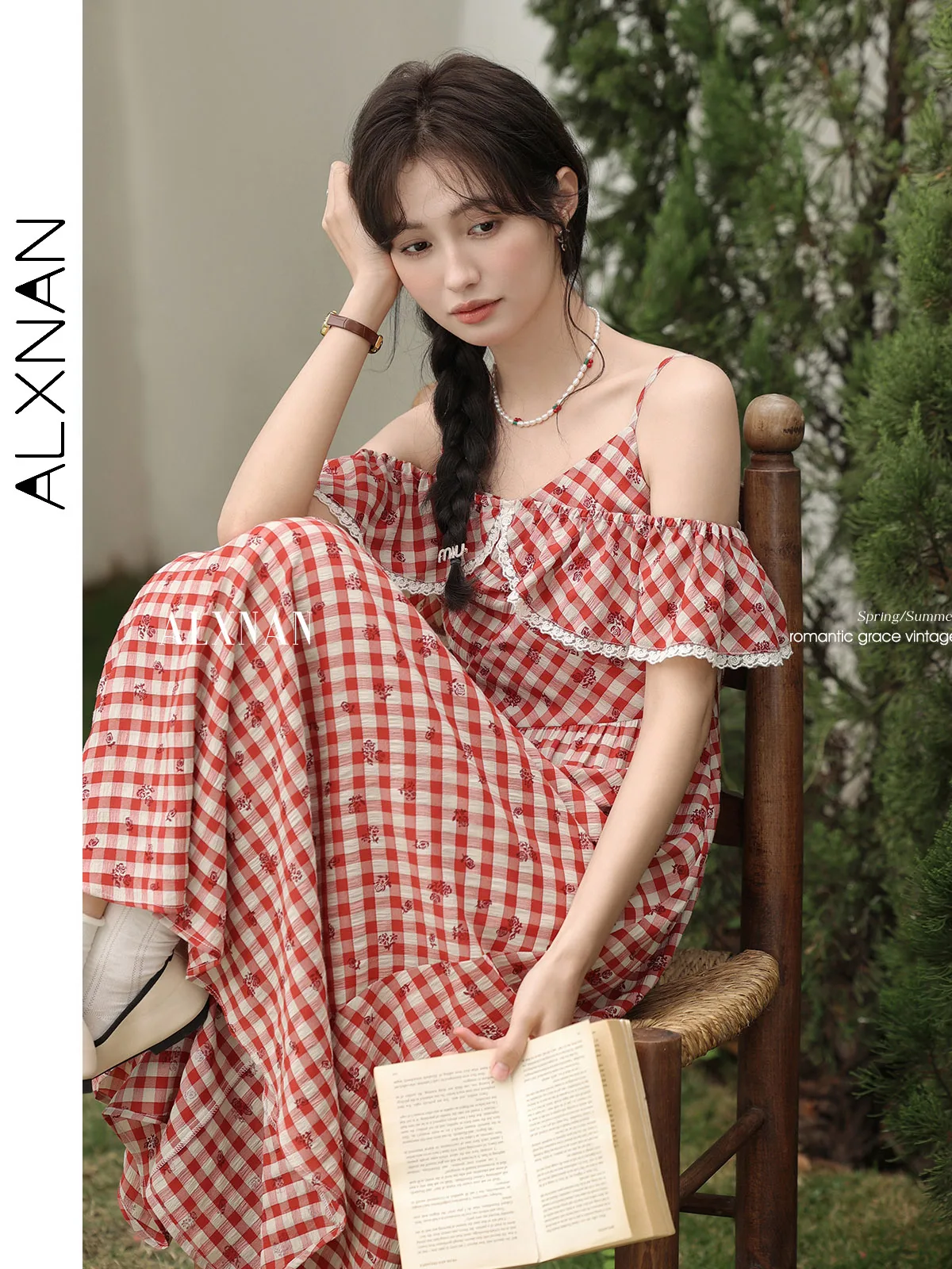 

ALXNAN Red Plaid Dress Vintage Elegant Off-shoulder Long Women's Dresses 2025 Summer Holiday Beach Sweet Female Clothing L53588