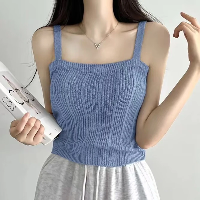 بلوزة كامي محبوكة للنساء المراهقات والفتيات الباستيل بدون أكمام Strappy تانك الأعلى الكورية أزياء الصيف عارضة الزي