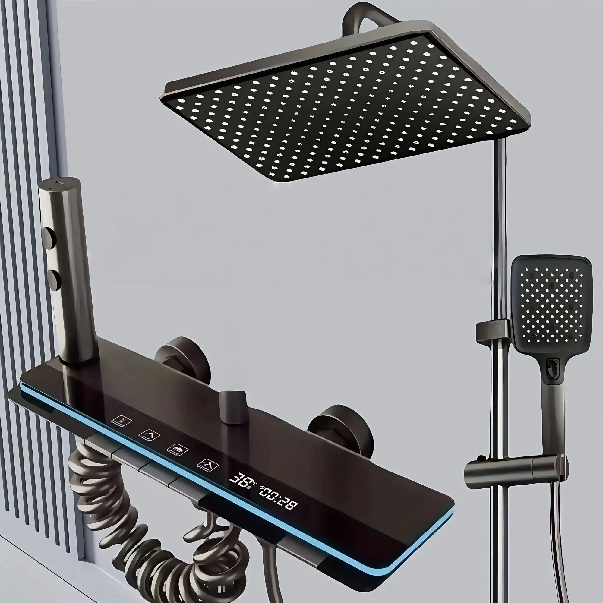 

Luxury Digital Thermostatic Shower with Rainfall, Handheld & Shelf – Wall-Mounted Multi-Function Bathroom Kit