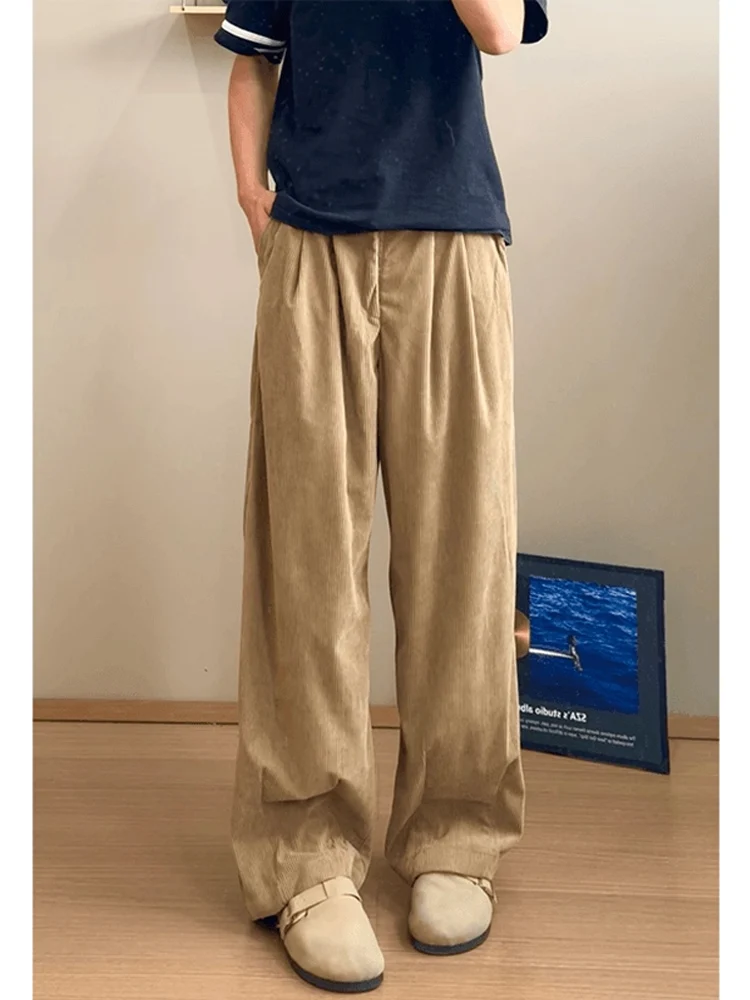 카키 코듀로이 남성 캐주얼 팬츠 가을 루즈 스트레이트 레그 텍스처 디자인 트렌디 하이웨이스트 롱 트라우저 패셔너블 스트레이트...