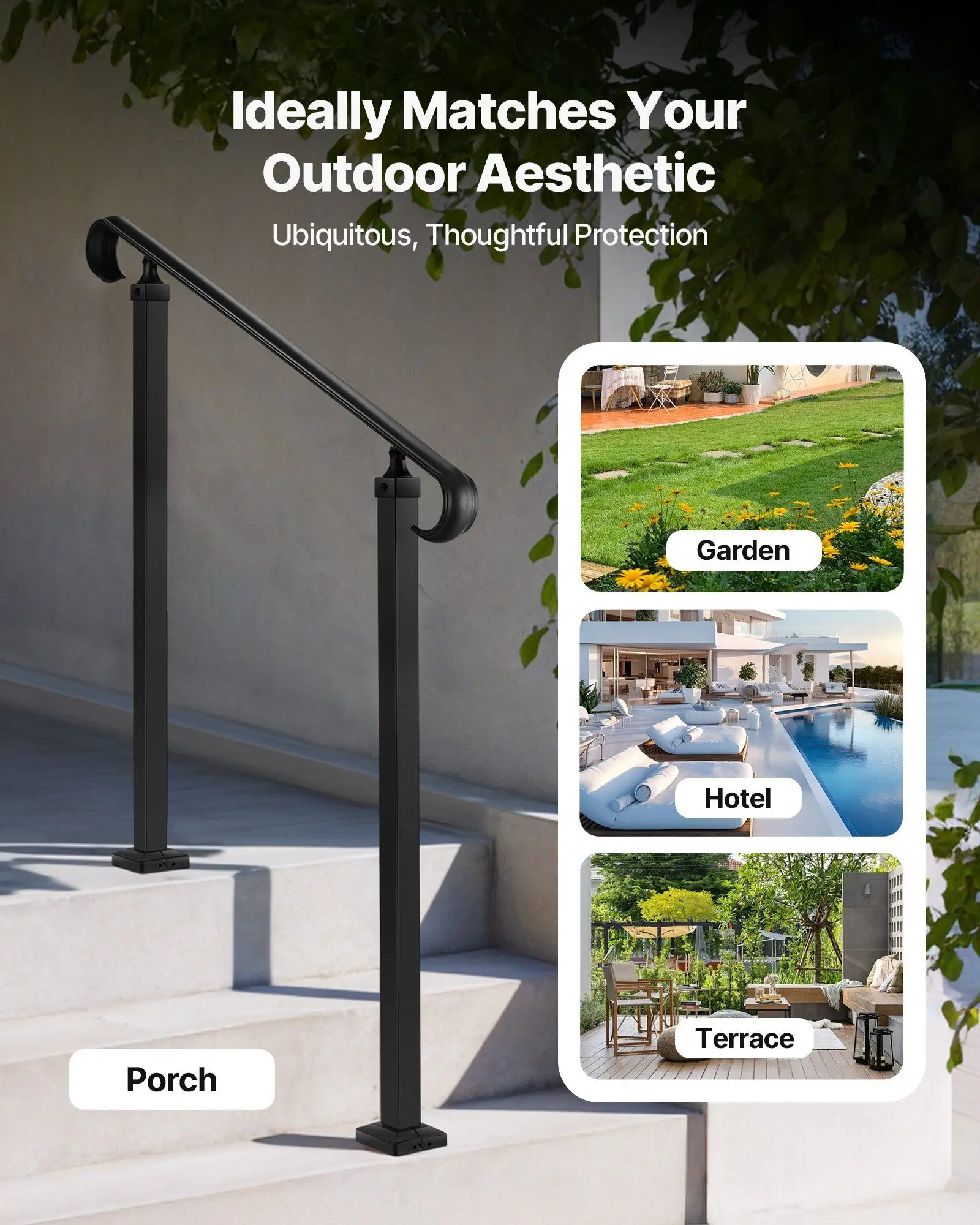 Pasamanos exterior de gran resistencia y baja para escalones, 2-3 niveles, 685 mm de alcance, capacidad de 220 lb, kit de fácil ajuste, negro mate