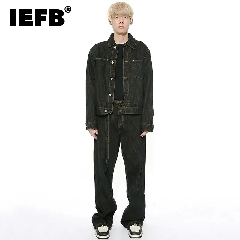 

IEFB Patchwork Male Denim Suit Retro Turn-down Collar Solid Color Button Men's Jackets Lace-up Pockets Men Wide Leg Pants 9C4531