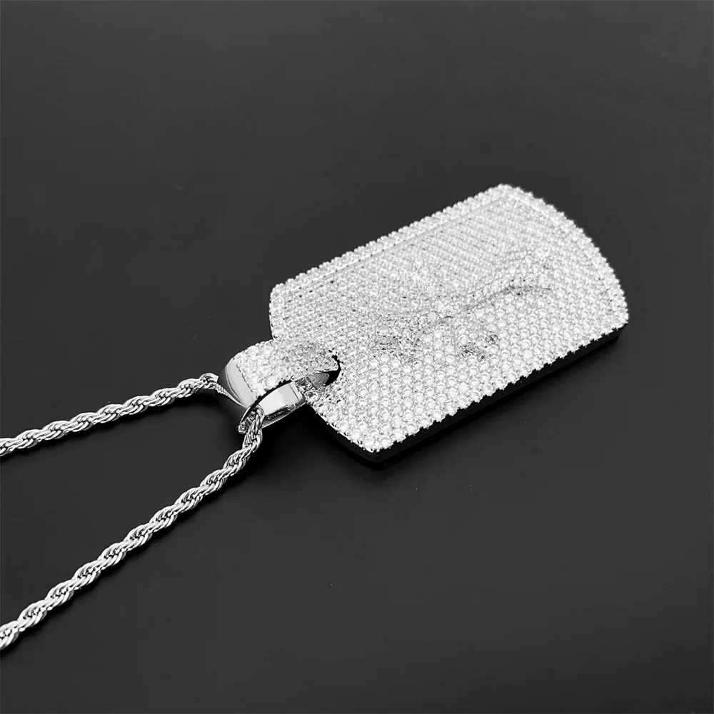 Hiphip Iced Bling Zircon Cross Dog Tag Pendant Necklace with Rope Stainless Steel Chain Fine Jewelry White Gold Plated Party