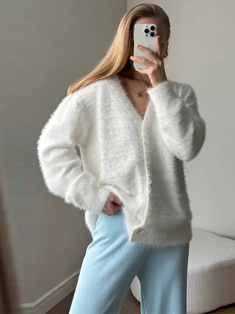 

Knitted Cardigan Women V-Neck Single Breasted Solid Long Sleeve Elastic Hem Female Coat Casual Relaxed Autumn Jackets For Women