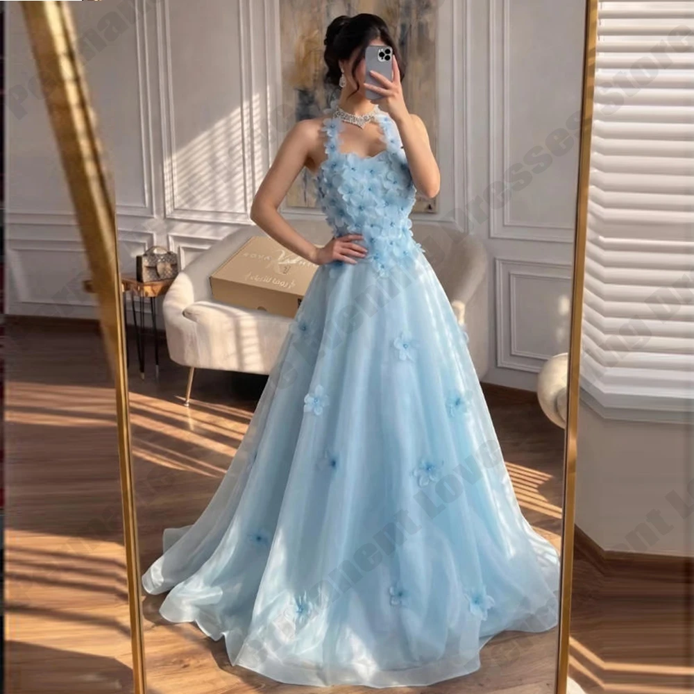 2026 Sky Blue Women's Prom Gowns 3D Stickers Princess Tulle Evening Dress A-line Formal Beach Fashion Celebrity Party Customized