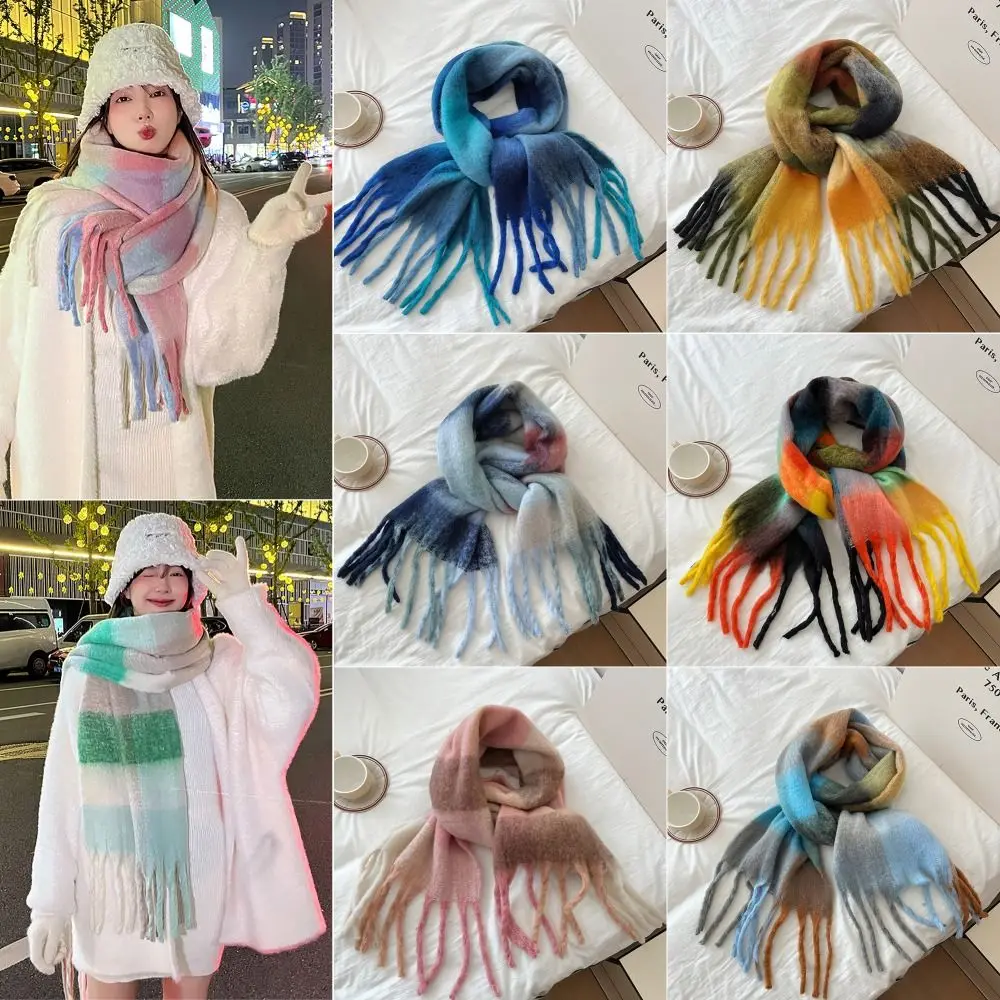 220x50cm Knitted Scarf Wool Lattice Splicing Design Thermal Neck Warmer Tassel All-match Long Scarves for Women Girls Maiden