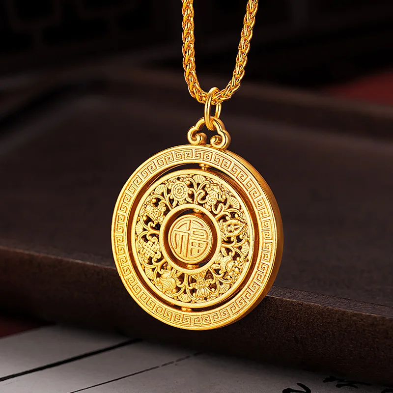 2026New24k999Vintage Gold Necklace with Rotatable Fortune Character and Eight Treasures Compass Pendant for Women