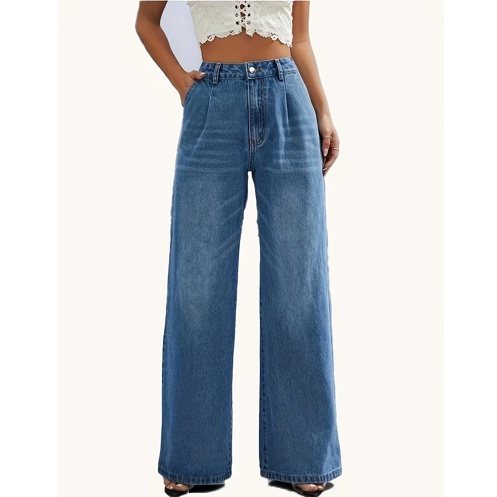 

Женские джинсовые джинсы с высокой талией, прямые брюки с высокой талией, потертые брюки полной длины в стиле ретро