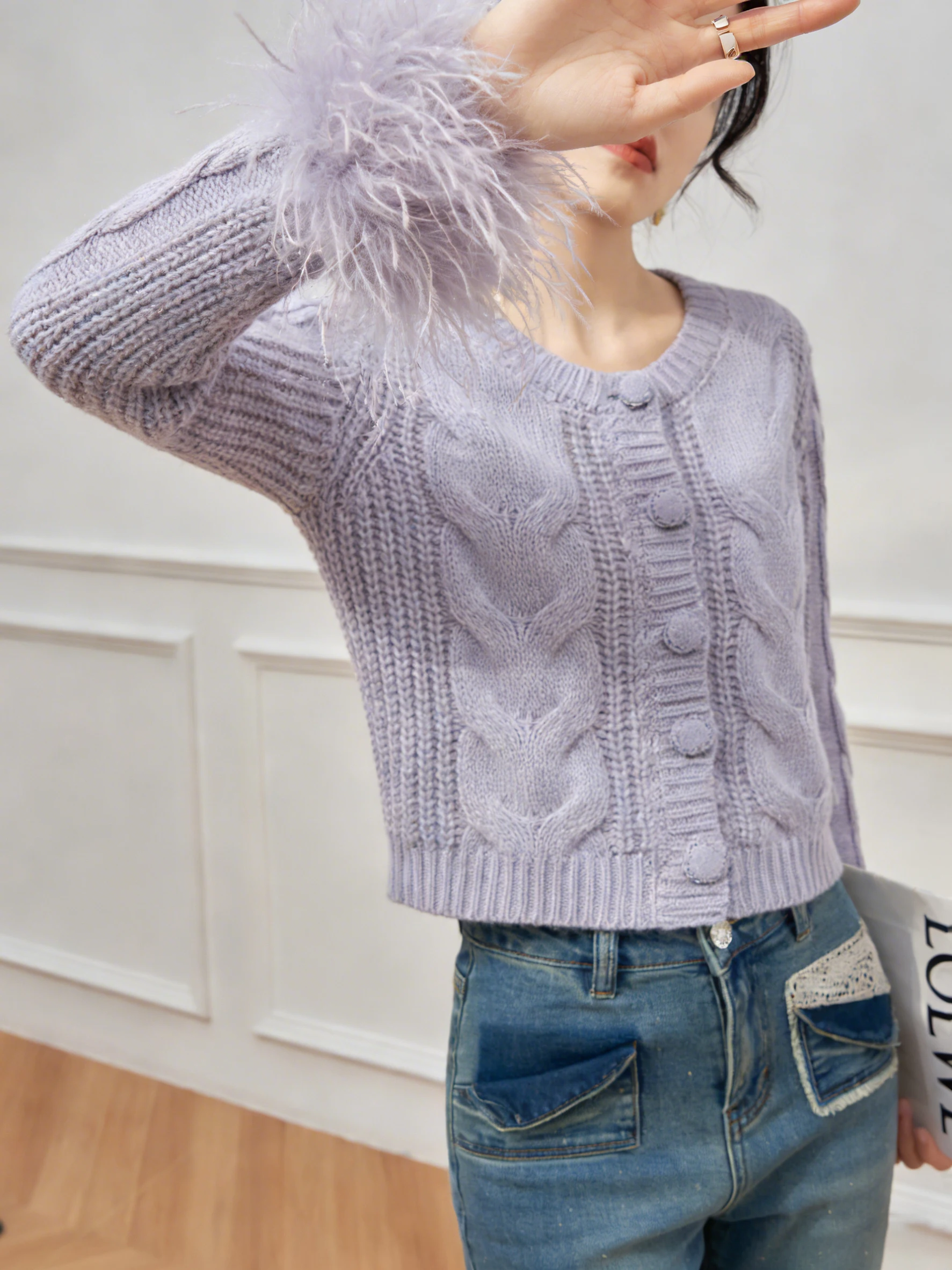 

Ele Фиолетовый вязаный свитер с перьями, верхняя одежда, женская модная повседневная верхняя одежда с внутренней частью, носимый топ ort Sve Top