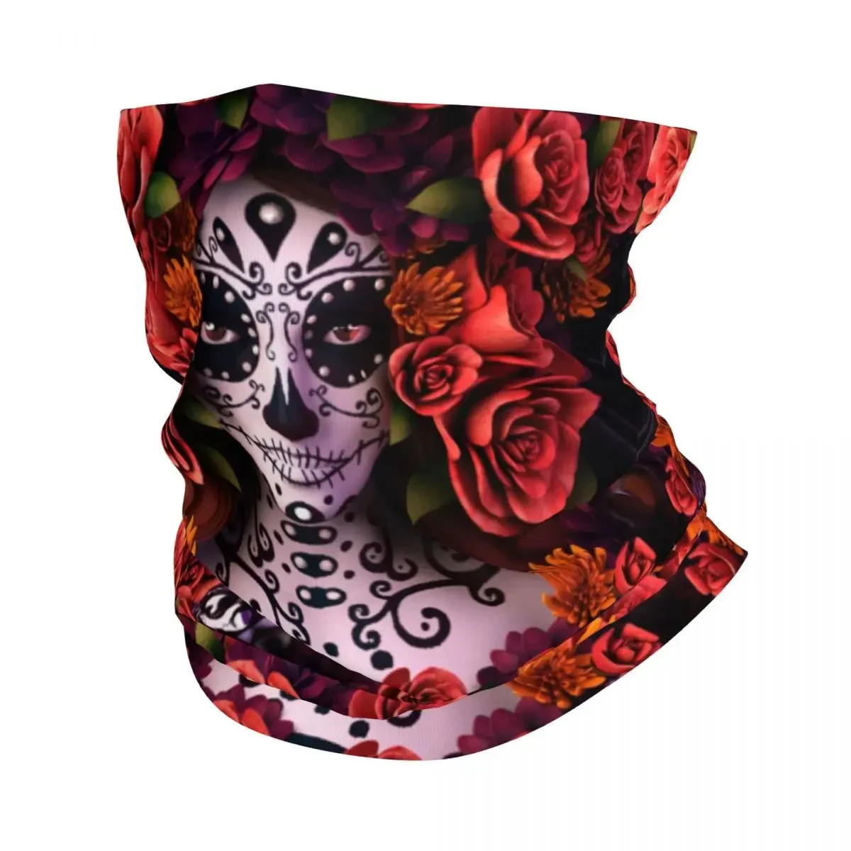 Halloween Catrina Sugar Skull Neck Gaiter Women Men UV Protection Winter Day Of The Dead Mexican Lady Bandana Scarf for Cycling