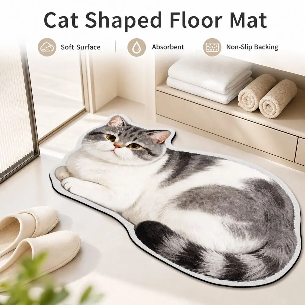 Special-shaped Cat Floor Mat Absorbent Non Slip Backing Cat Shaped Carpet Cat Pattern Soft Surface Bathroom Floor Mat