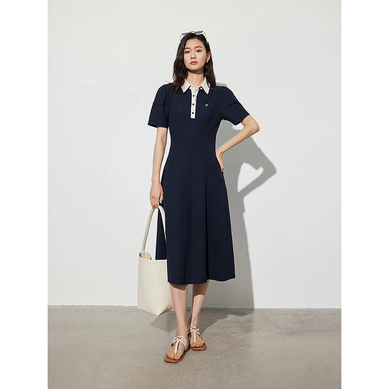 TOYOUTH Women Dress 2024 Summer New Contrasting POLO Collar Slim Waist Ankle Length Midi Long Dress