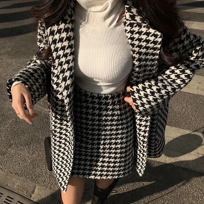 Spring Autumn Houndstooth Print Coats Women+skirt Two Piece Set Women Turn-down Collar Single-breasted Streetwear Coat Suit N510