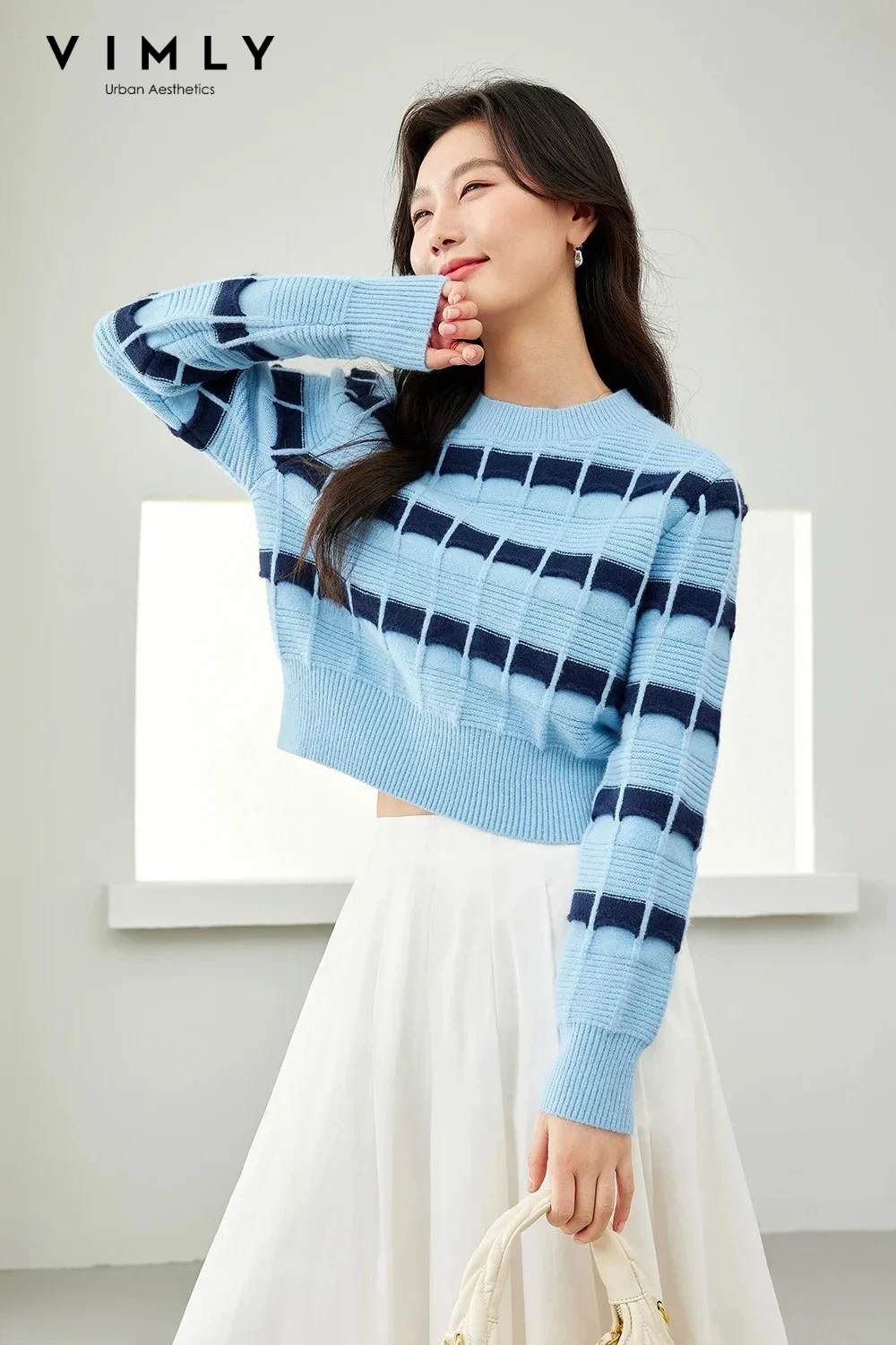 VIMLY Women's Color Contrast Striped Sweater 2026 Spring Simple Office Round Neck Casual Loose Cropped Knitted Pullovers 72791