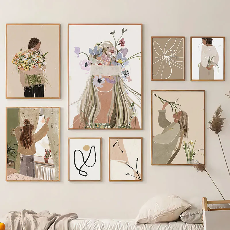 Boho Abstract Girl Flower Leaf Life Illustration Wall Art Canvas Painting Nordic Poster And Prints Picture For Living Room Decor