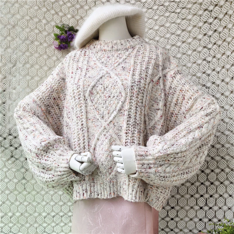 

Women Chunky Cable Mohair Knit Sweater O-Neck Lantern Sleeve Loose Pullover Confetti Knitwear Winter Warm Loose Casual Jumper