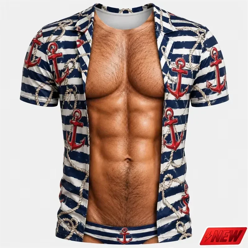 Shorts Comfortable Breathable Casual 2026 Funny Fake Body Abs Chest Hair T Shirt Men 3D Stripe Leopard Pattern Short Sleeve
