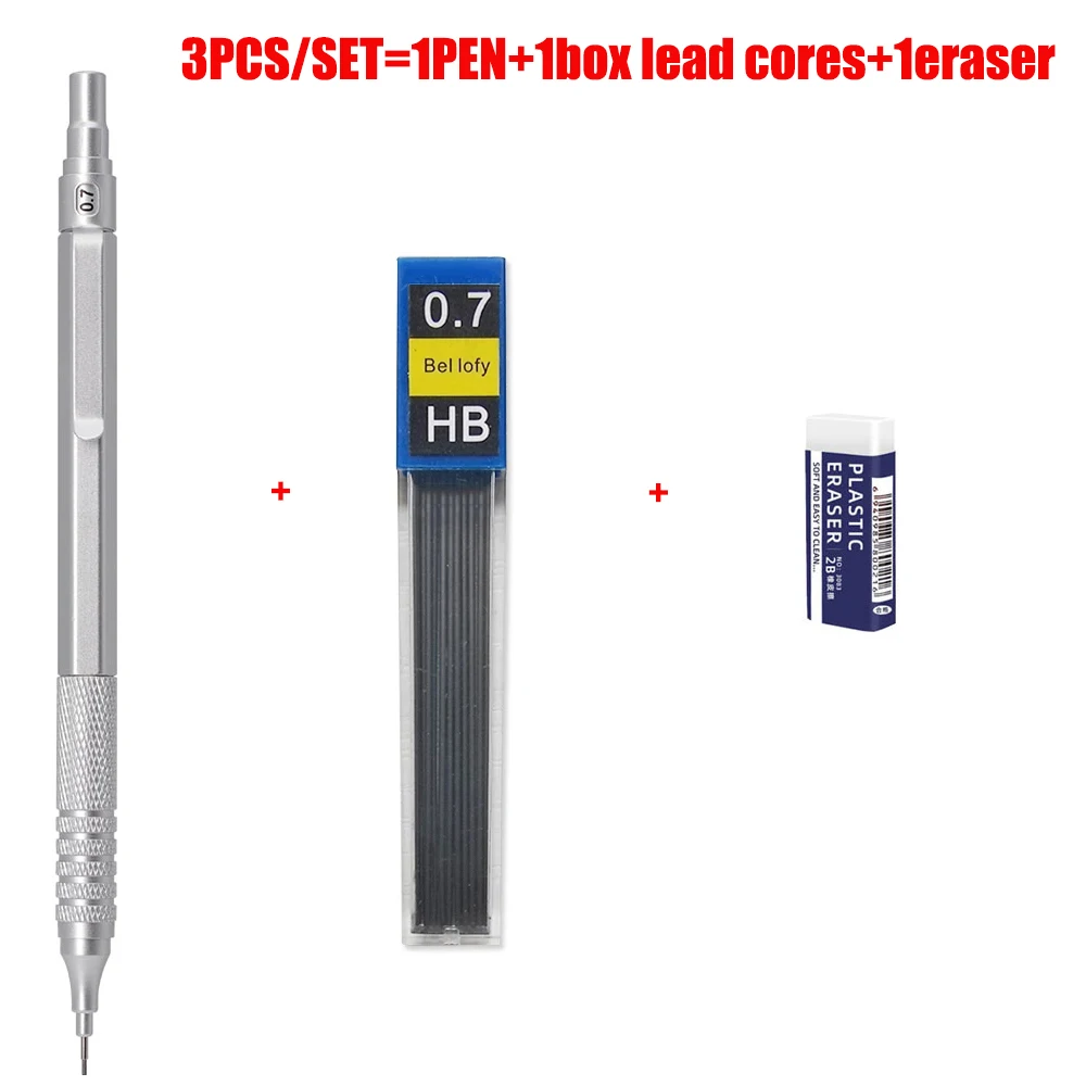 3 stks/set Metalen Vulpotlood Set 0.5/0.7/0.9mm Lood Refill Automatische Potlood Art Schets Schilderen Schrijven briefpapier