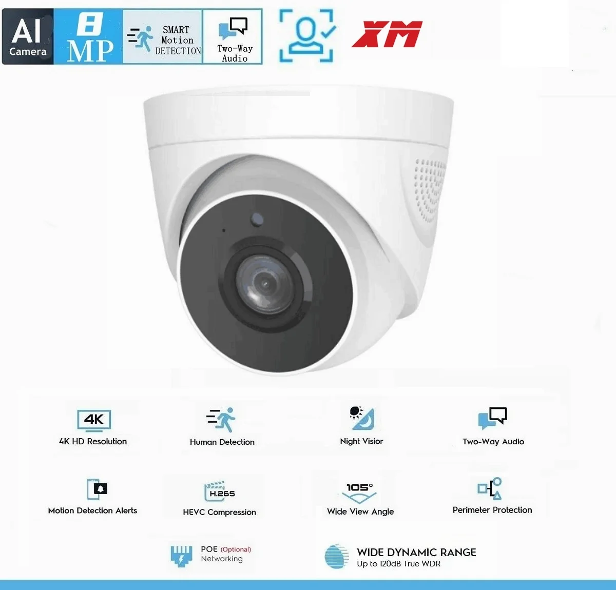 

XMEye H.265 8MP 4K IP Camera PoE Indoor 5MP 4MP 3MP Dome Security Camera Two -Way Audio AI Smart Motion Detection Alarm P2P NVR