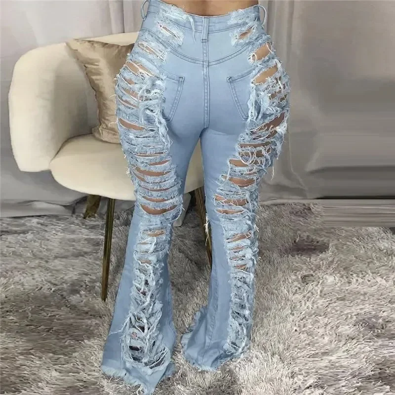 Fashion Indie Style Oversize Sexy Tassels Denim Flared Pants Night Club Women Ripped Jeans Blue Black Hollow Out Trousers 3XL