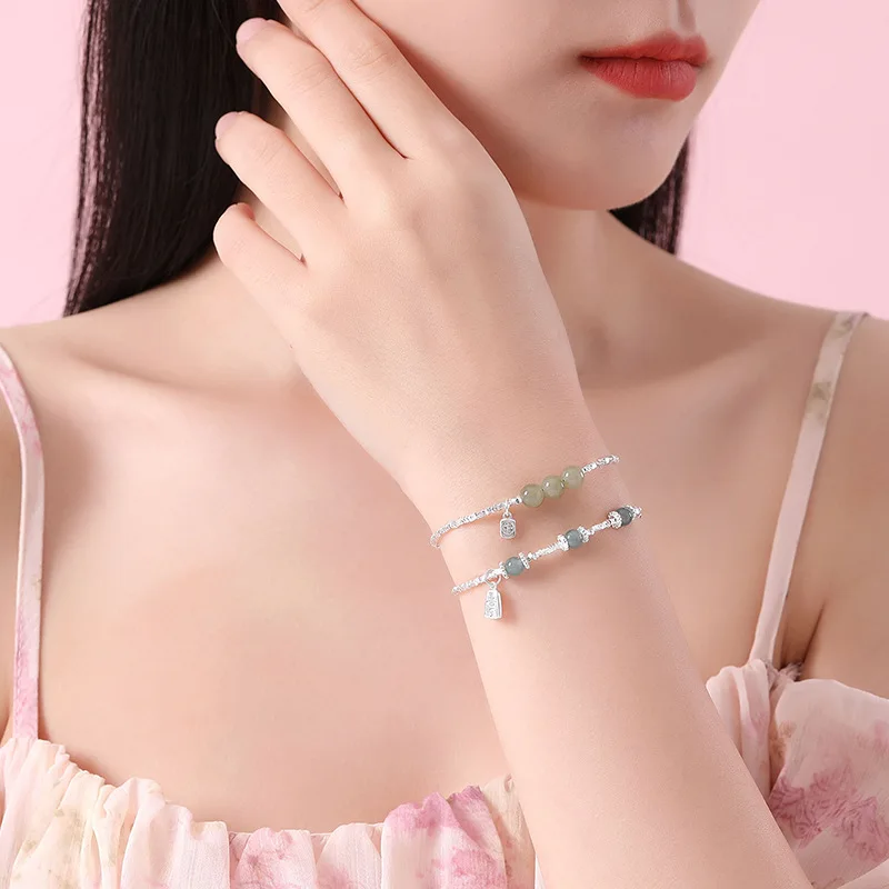 

Hetian Jade Silver Bracelet S925 Sterling Silver Beaded Bracelet