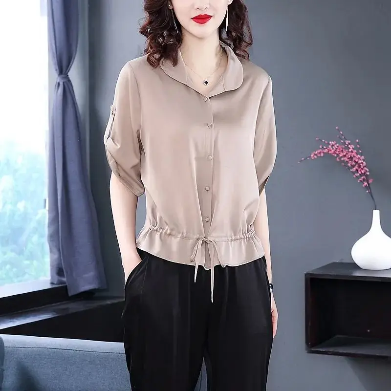 Summer Temperament Fashion Commuting Simple and Loose Casual Oversize Lapel Waist Collection Solid Color Short Sleeved Shirt